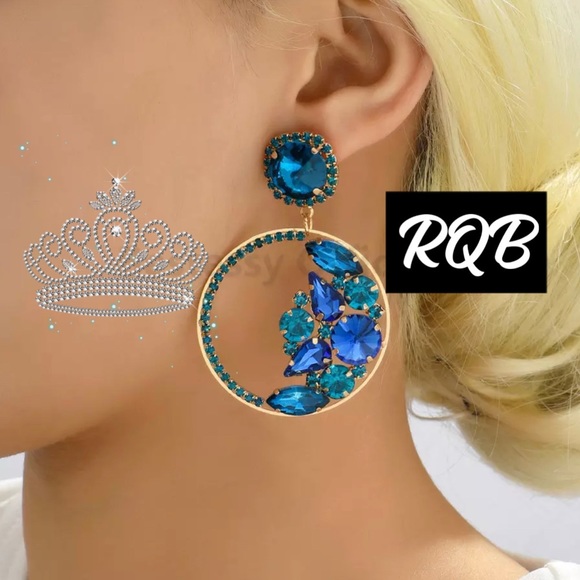 Blue Crystal Jeweled Earrings Sparkling Hoop - Picture 2 of 2